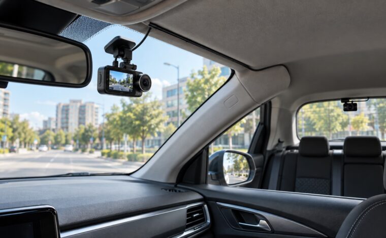 Cameră auto montată lângă oglinda retrovizoare și cameră spate într-un autoturism