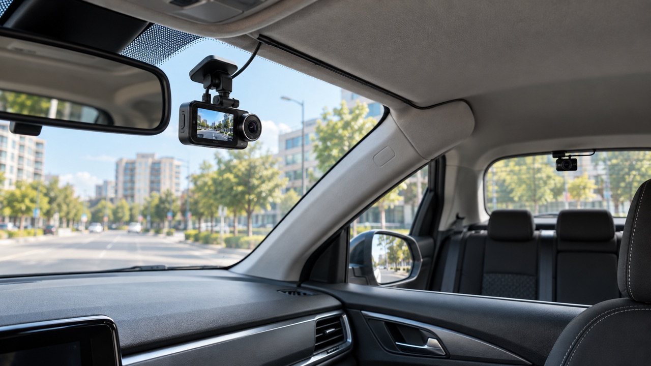 Cameră auto montată lângă oglinda retrovizoare și cameră spate într-un autoturism