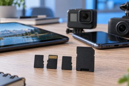 Carduri microSD lângă o tabletă, un telefon, o cameră de acțiune și o cameră auto