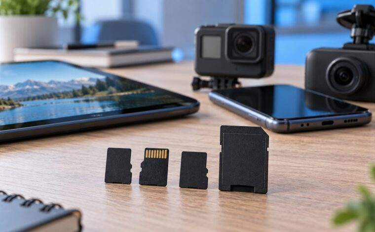 Carduri microSD lângă o tabletă, un telefon, o cameră de acțiune și o cameră auto