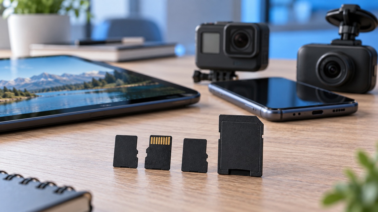 Carduri microSD lângă o tabletă, un telefon, o cameră de acțiune și o cameră auto