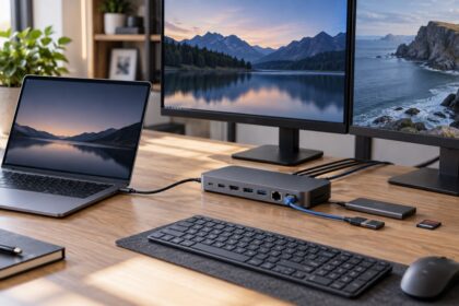 Laptop conectat prin USB-C la un docking station, două monitoare și periferice
