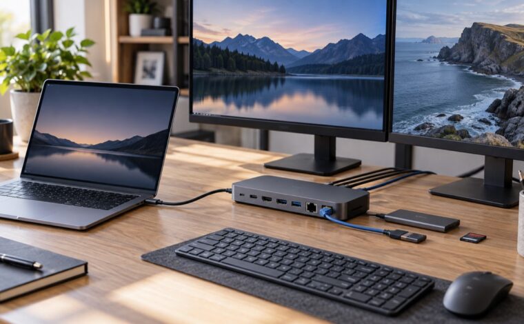 Laptop conectat prin USB-C la un docking station, două monitoare și periferice