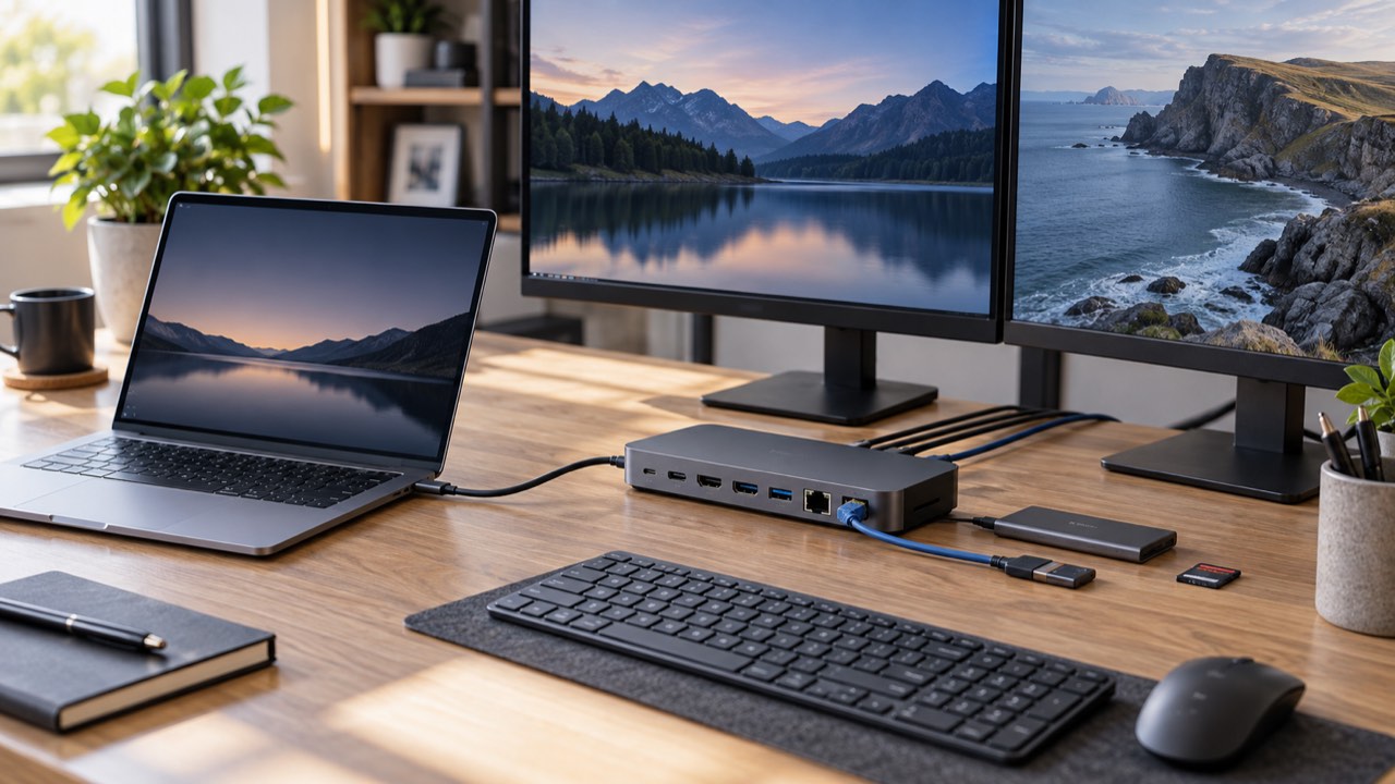 Laptop conectat prin USB-C la un docking station, două monitoare și periferice