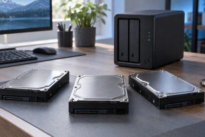 Trei HDD-uri de 3,5 inci lângă un NAS cu două bay-uri