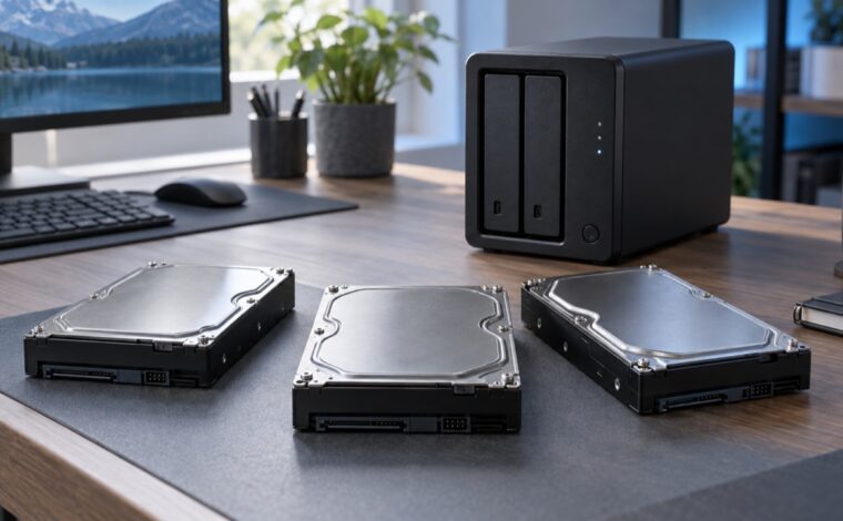 Trei HDD-uri de 3,5 inci lângă un NAS cu două bay-uri