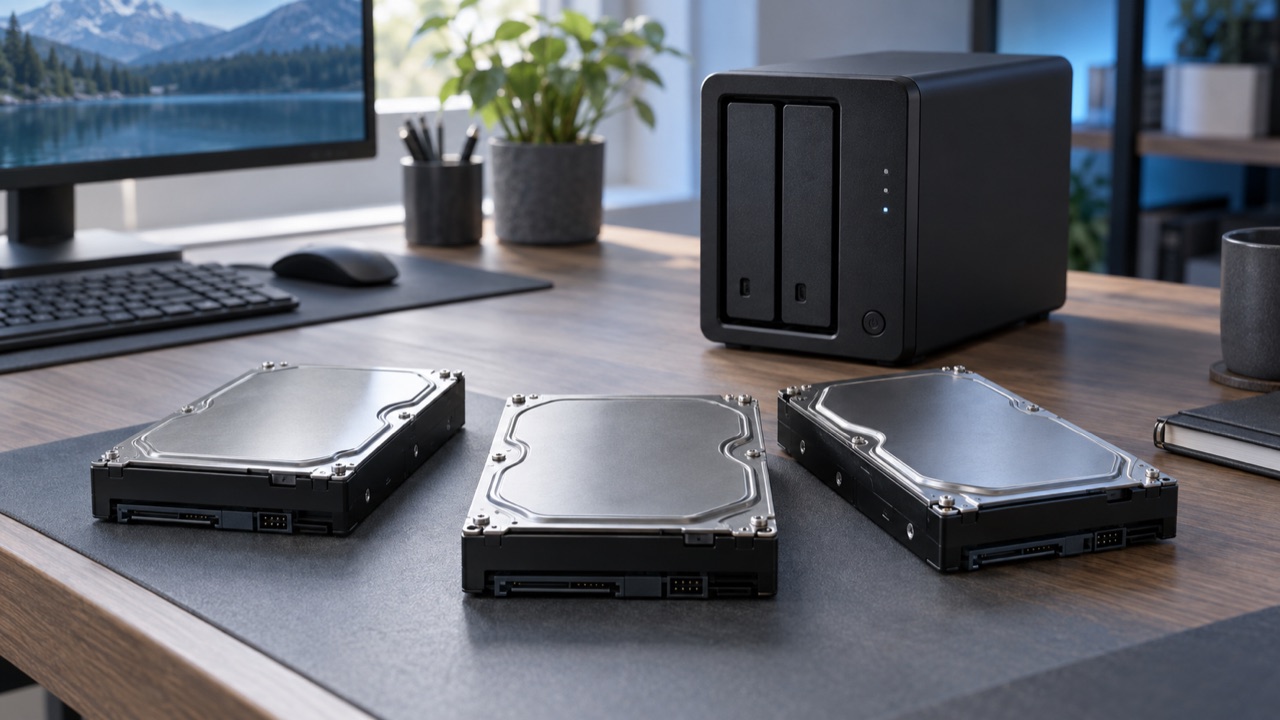 Trei HDD-uri de 3,5 inci lângă un NAS cu două bay-uri