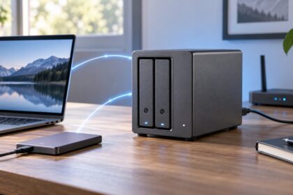 NAS cu două bay-uri conectat la laptop, SSD extern și router