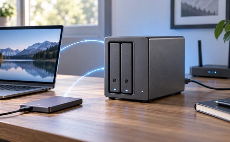 NAS cu două bay-uri conectat la laptop, SSD extern și router