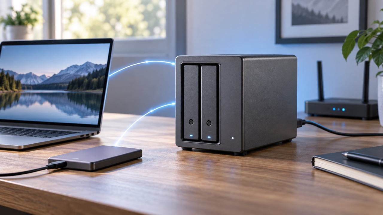 NAS cu două bay-uri conectat la laptop, SSD extern și router