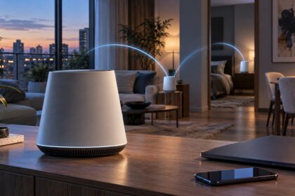 Router Wi-Fi 7 și două noduri mesh într-o locuință modernă