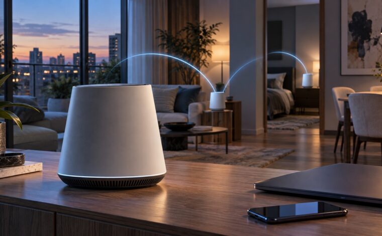 Router Wi-Fi 7 și două noduri mesh într-o locuință modernă