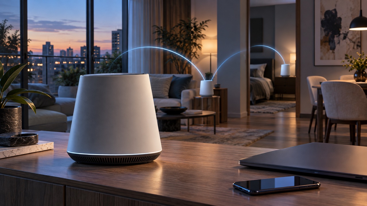Router Wi-Fi 7 și două noduri mesh într-o locuință modernă
