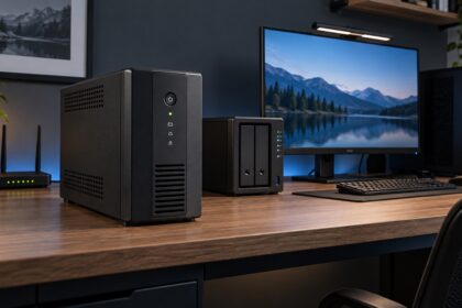 UPS conectat la un PC, un NAS și echipamente de rețea pe un birou