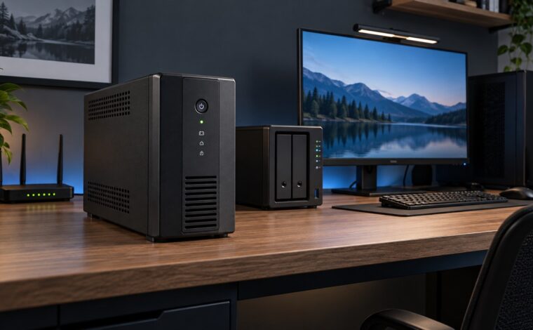UPS conectat la un PC, un NAS și echipamente de rețea pe un birou