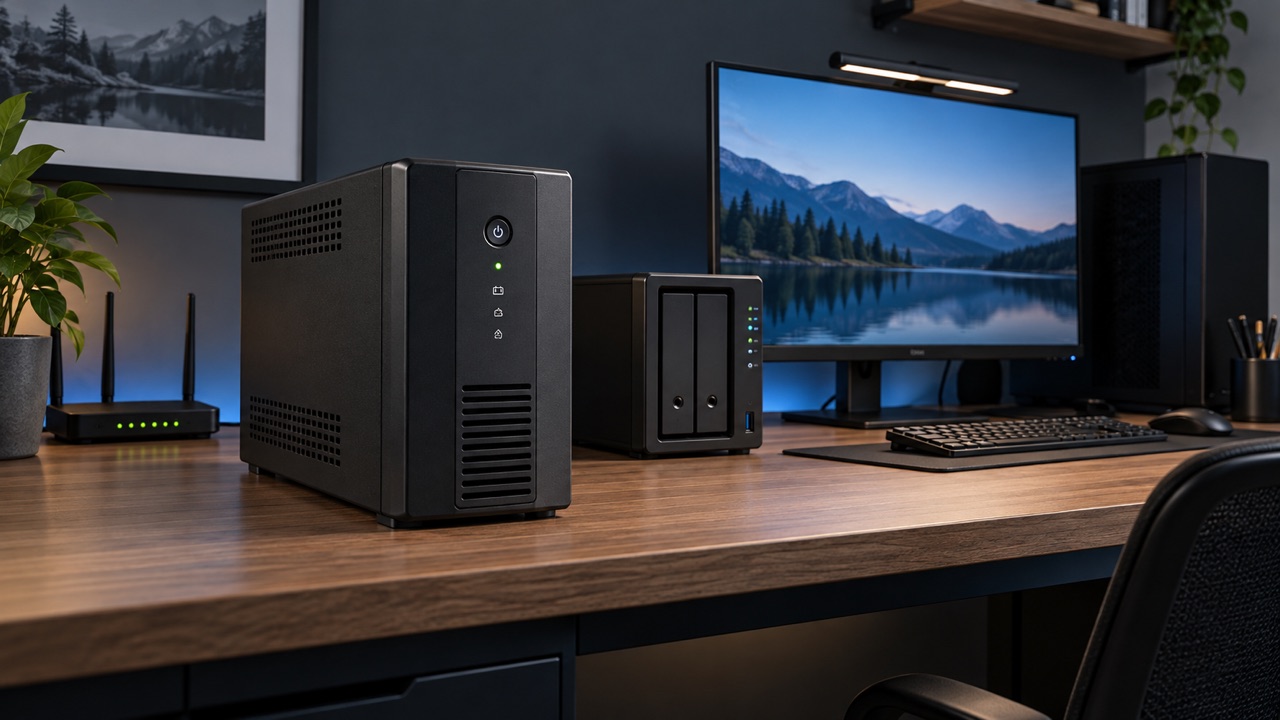 UPS conectat la un PC, un NAS și echipamente de rețea pe un birou