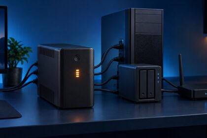 UPS conectat la un PC, un NAS și un router pe un birou bleumarin