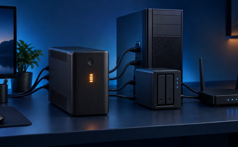UPS conectat la un PC, un NAS și un router pe un birou bleumarin