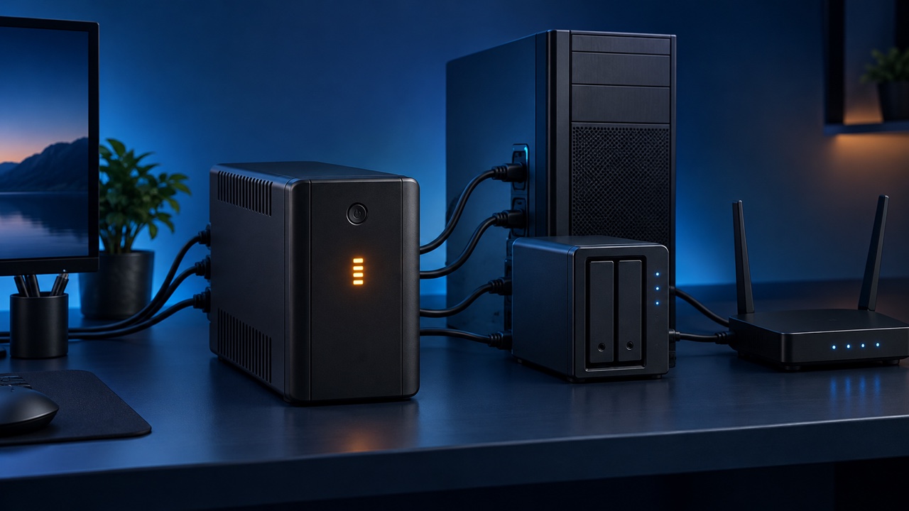 UPS conectat la un PC, un NAS și un router pe un birou bleumarin