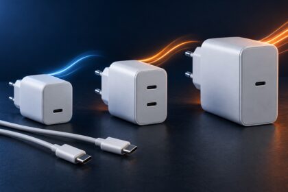 Trei încărcătoare USB-C de dimensiuni diferite și două cabluri pe fundal bleumarin