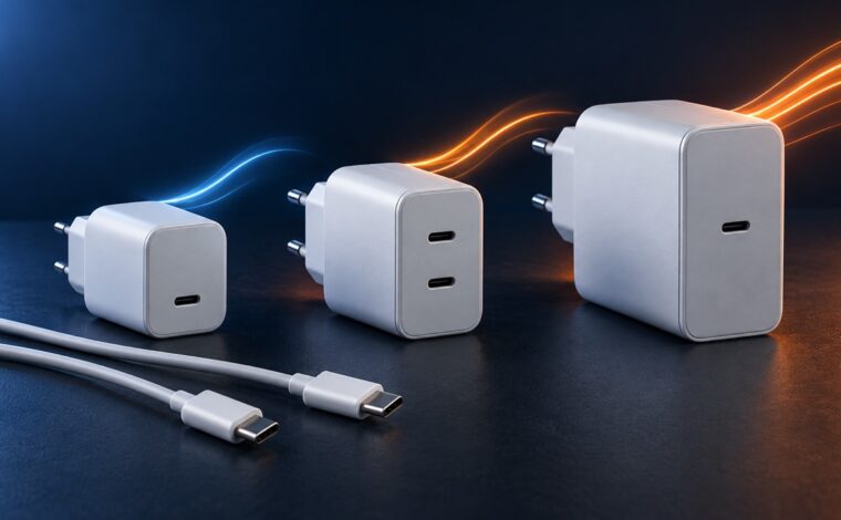 Trei încărcătoare USB-C de dimensiuni diferite și două cabluri pe fundal bleumarin