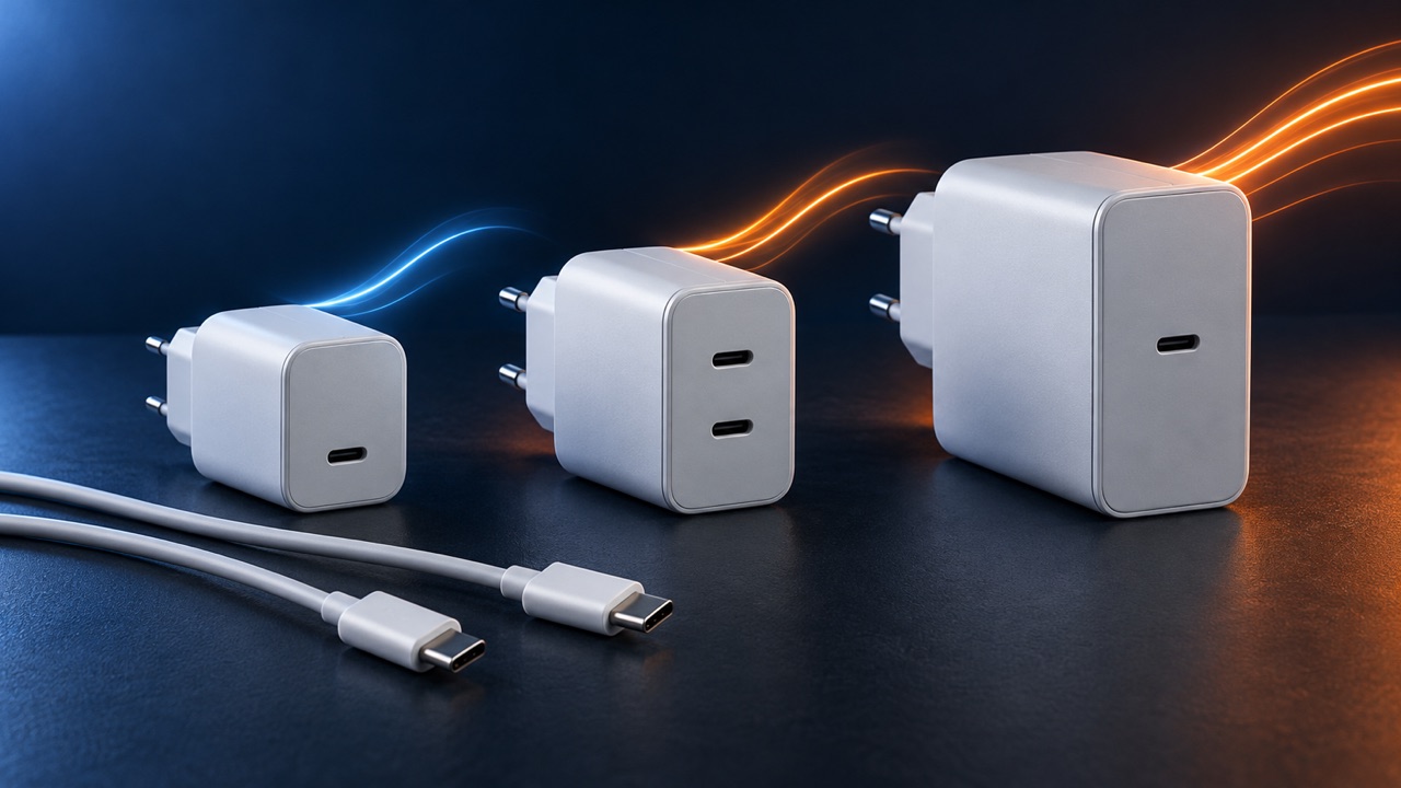 Trei încărcătoare USB-C de dimensiuni diferite și două cabluri pe fundal bleumarin