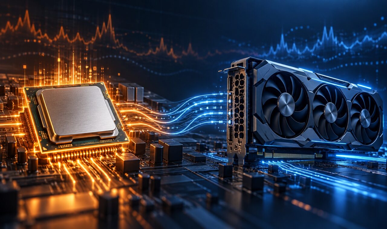 Procesor și placă video conectați, ilustrând un bottleneck CPU sau GPU în jocuri