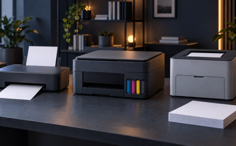 Trei imprimante generice: inkjet, cu rezervor de cerneală și laser