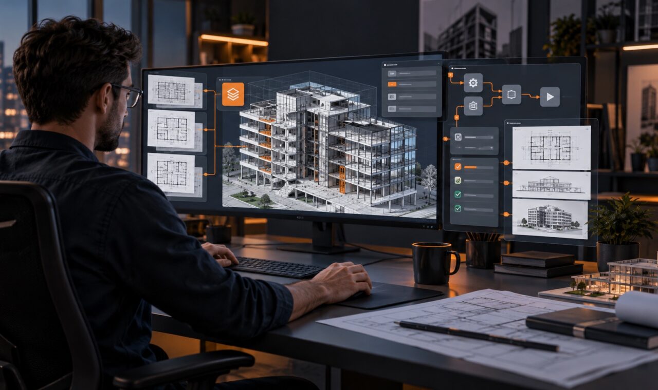 Arhitect care lucrează la un model BIM tridimensional cu panouri de automatizare