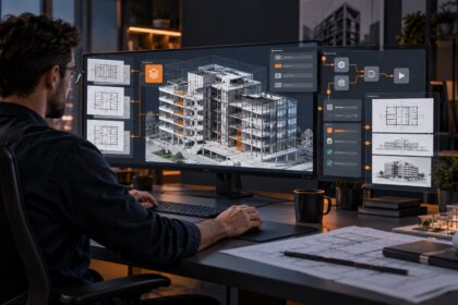 Arhitect care lucrează la un model BIM tridimensional cu panouri de automatizare