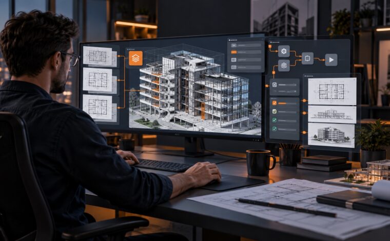 Arhitect care lucrează la un model BIM tridimensional cu panouri de automatizare