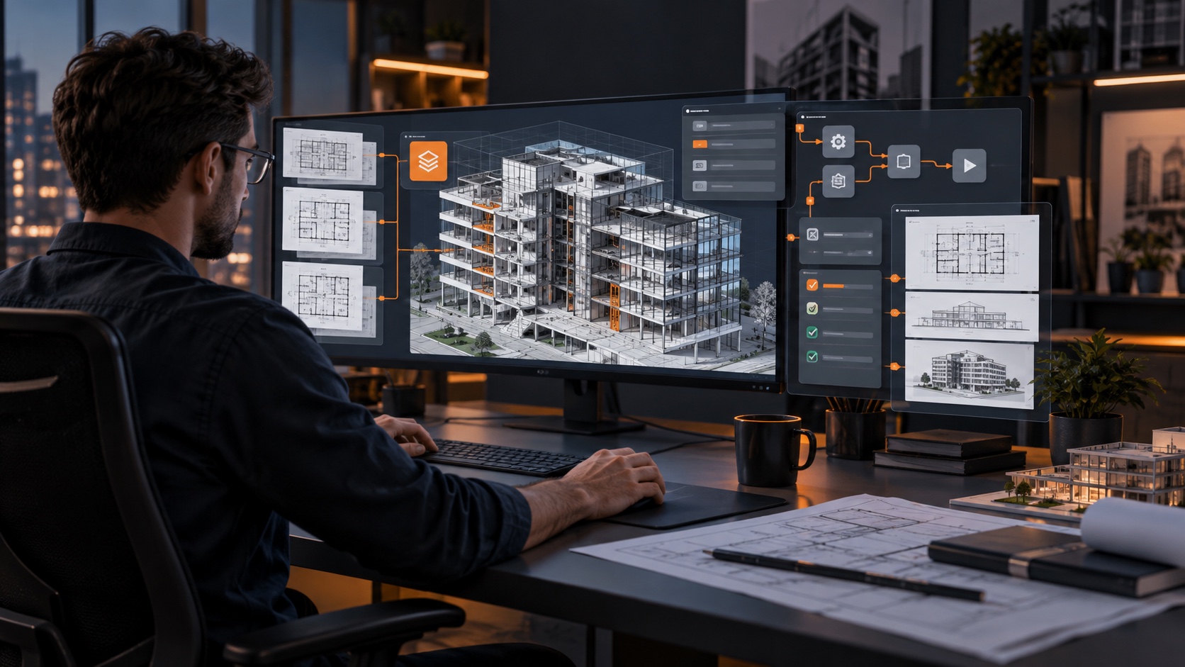Arhitect care lucrează la un model BIM tridimensional cu panouri de automatizare