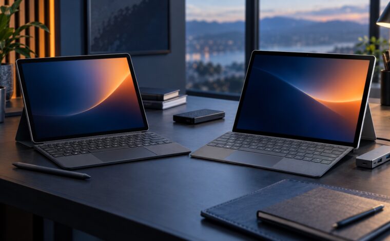 Două tablete cu tastaturi, stylus și hub USB-C, comparate pe un birou