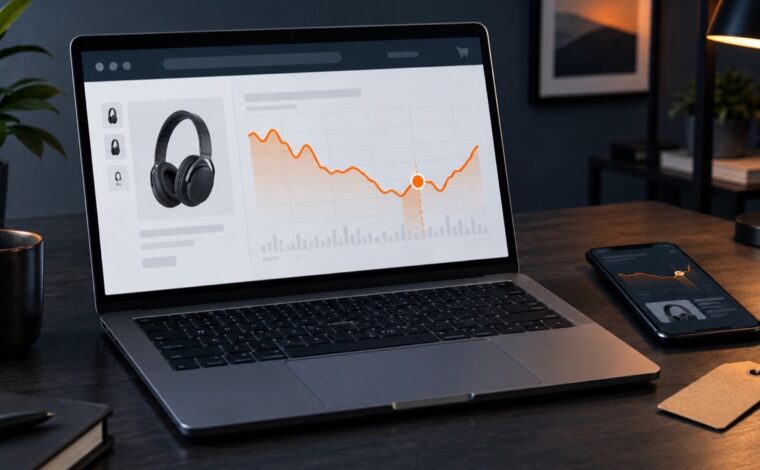 Laptop cu grafic abstract al istoricului prețurilor și telefon pe un birou
