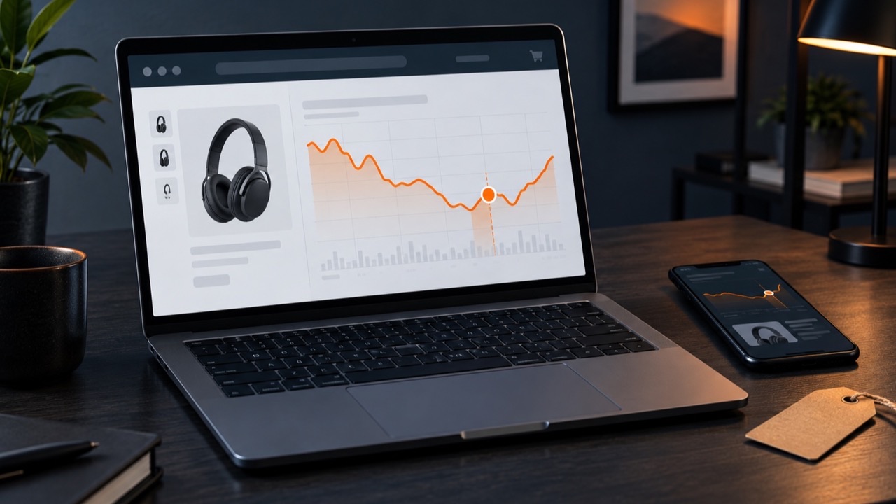 Laptop cu grafic abstract al istoricului prețurilor și telefon pe un birou