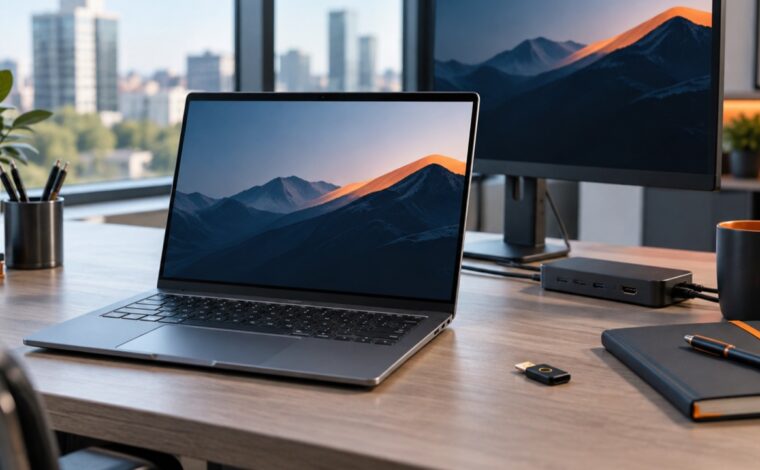 Laptop de afaceri conectat la monitor și dock USB-C pe un birou modern