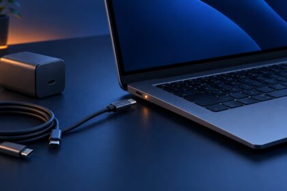Laptop cu port USB-C, încărcător și cabluri pe un birou bleumarin
