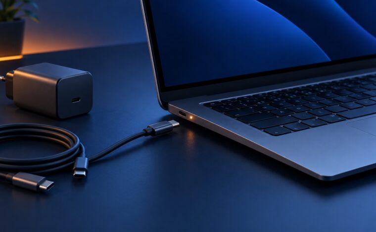 Laptop cu port USB-C, încărcător și cabluri pe un birou bleumarin