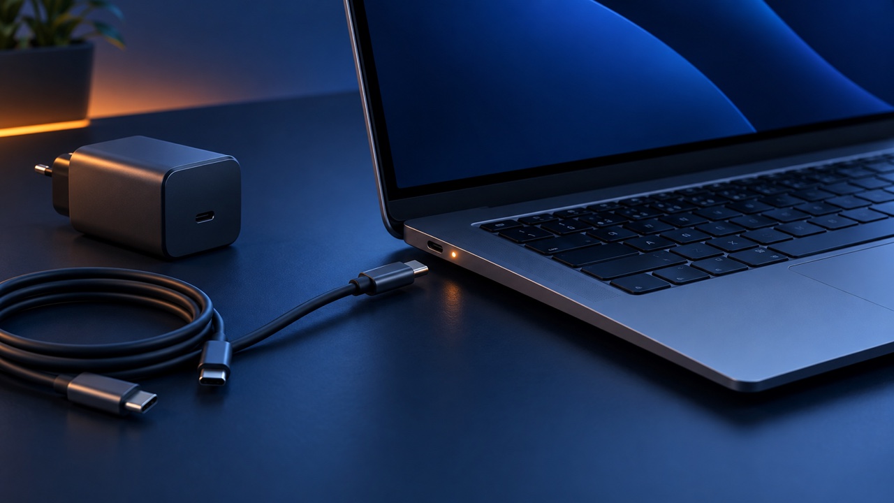 Laptop cu port USB-C, încărcător și cabluri pe un birou bleumarin