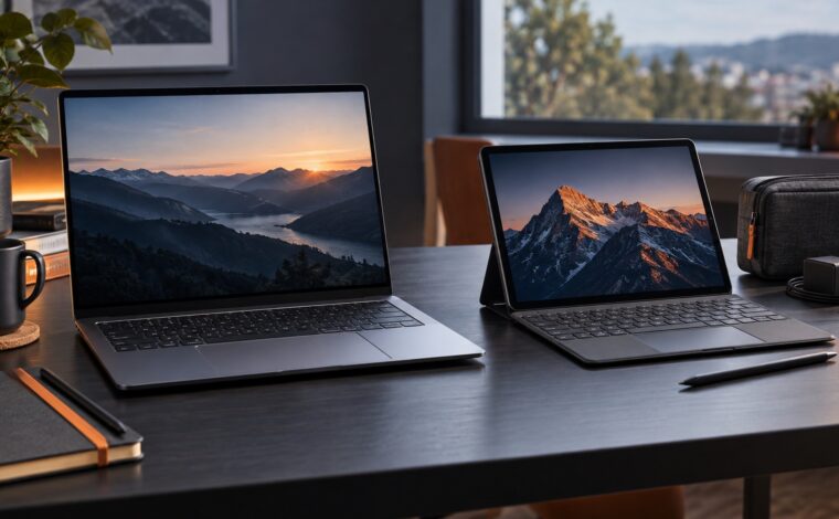 Laptop și tabletă cu tastatură, comparate pe același birou