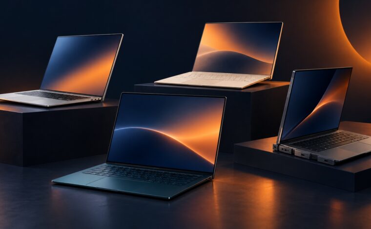 Patru laptopuri moderne generice expuse într-o galerie de design