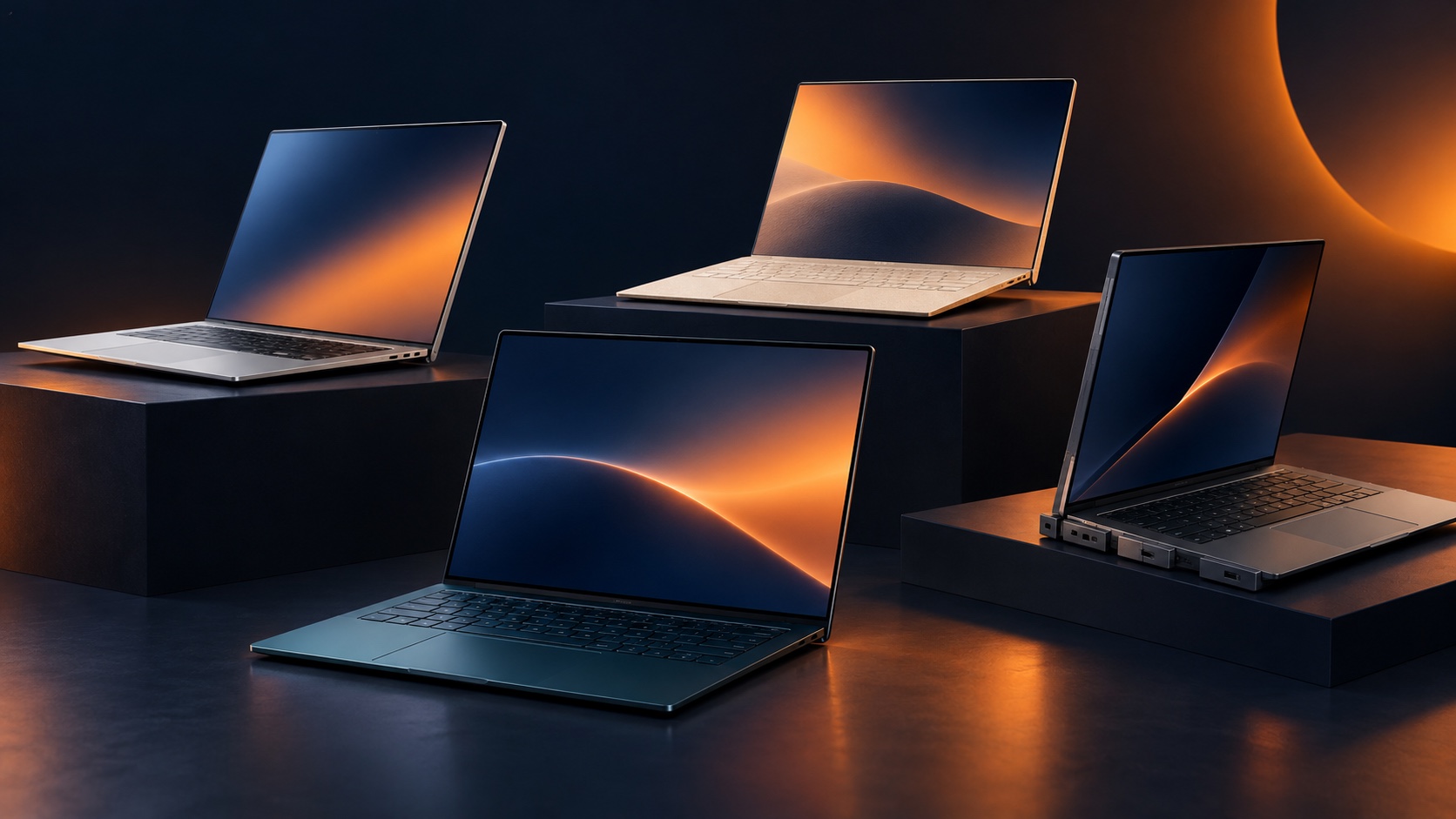 Patru laptopuri moderne generice expuse într-o galerie de design