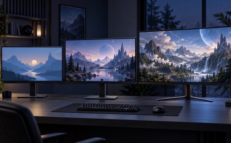 Trei monitoare de gaming fictive pentru comparația 1080p, 1440p și 4K