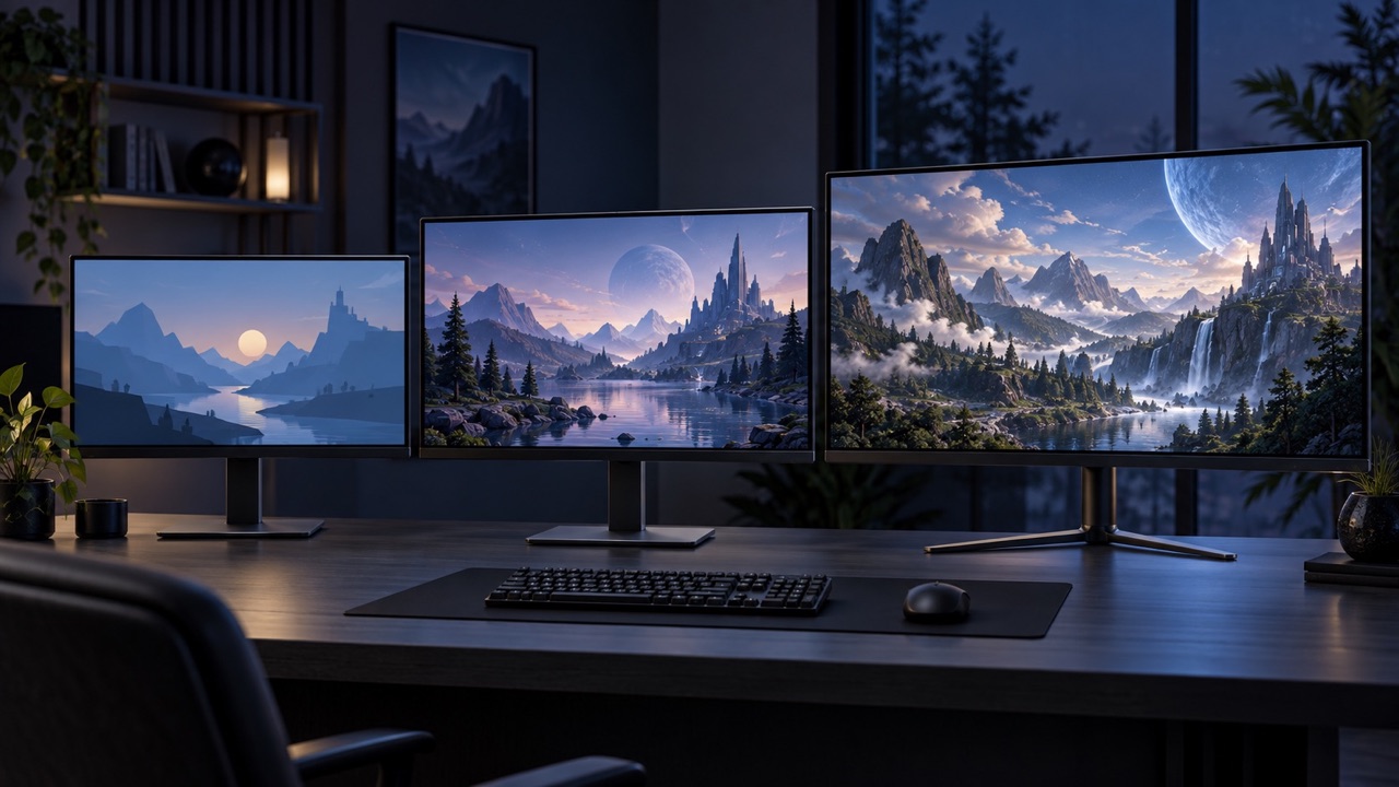 Trei monitoare de gaming fictive pentru comparația 1080p, 1440p și 4K