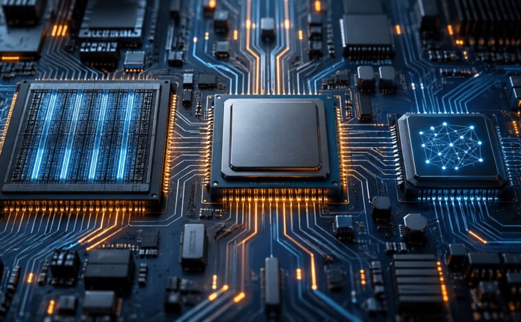 Trei cipuri de procesare diferite conectate pe o placă electronică bleumarin