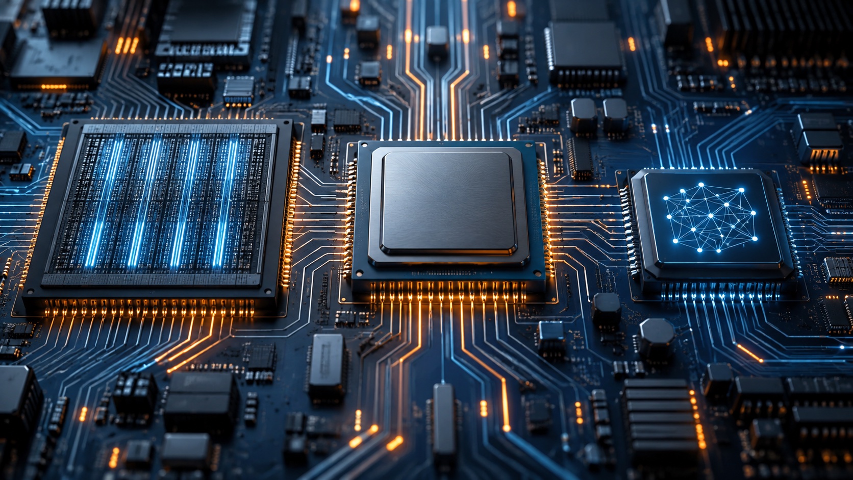 Trei cipuri de procesare diferite conectate pe o placă electronică bleumarin