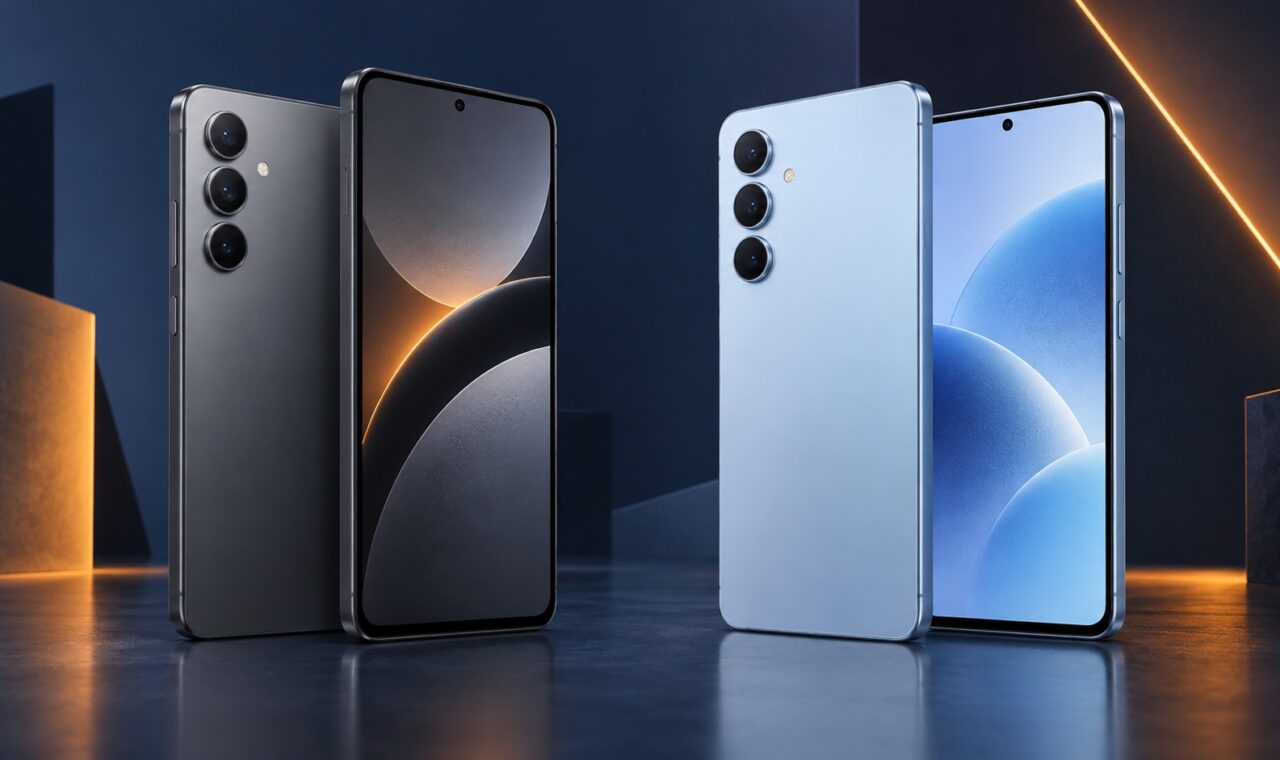 Două telefoane moderne gri și albastru comparate într-un decor tehnologic