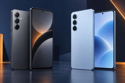 Două telefoane moderne gri și albastru comparate într-un decor tehnologic