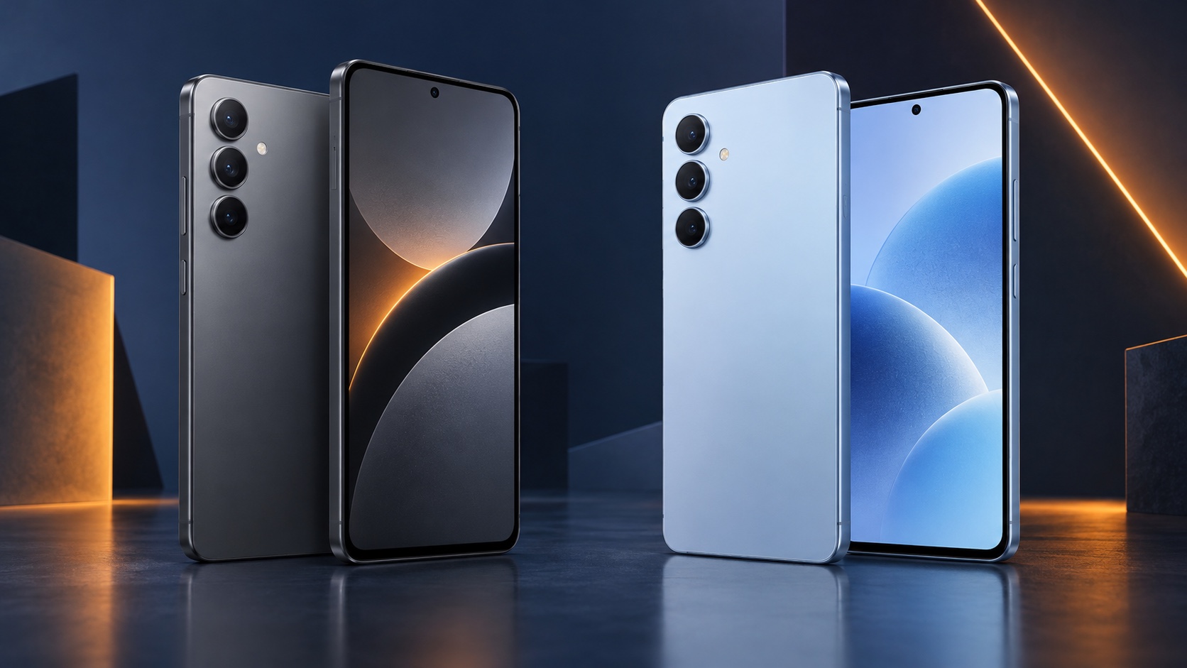 Două telefoane moderne gri și albastru comparate într-un decor tehnologic