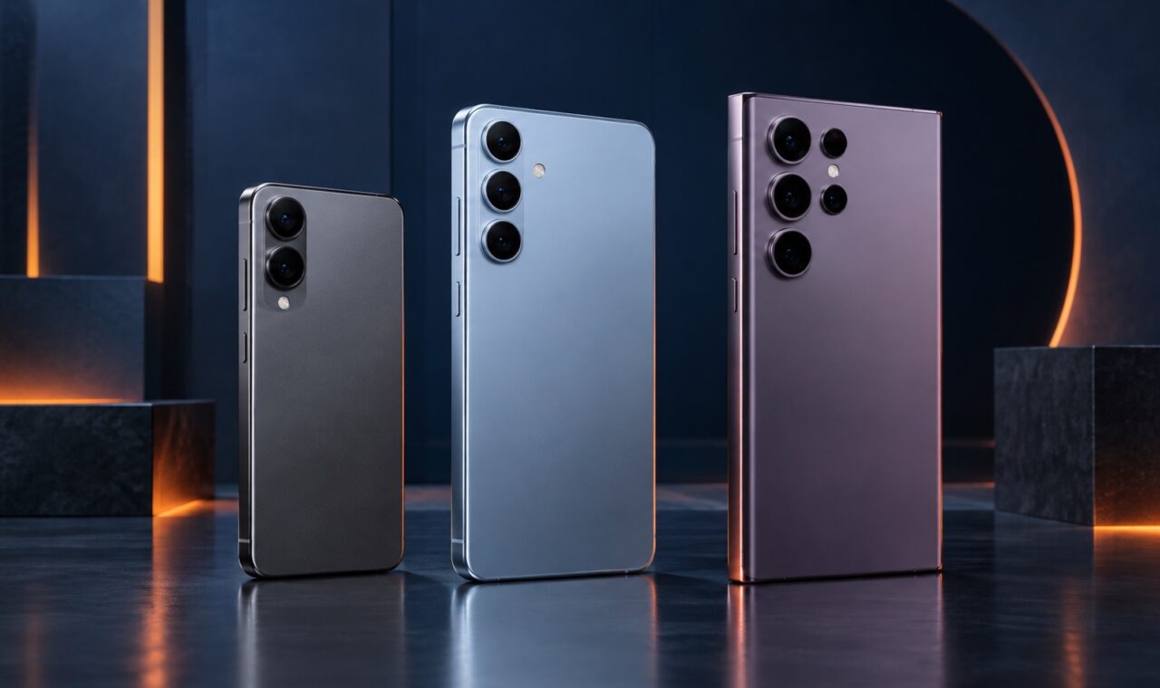 Trei telefoane flagship generice de dimensiuni diferite, pe fundal bleumarin cu accente portocalii